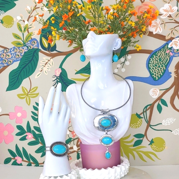 Southwestern Boho Faux Turquoise Necklace, Earrings and Bracelet Set - Picture 4 of 16
